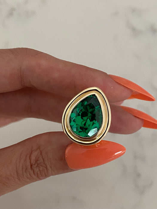 14K Gold Bezel-Set Lab Emerald Pear Pinky Ring