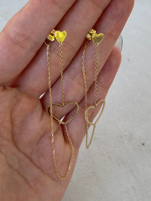 14K Yellow Gold Heart Chain Drop Earrings