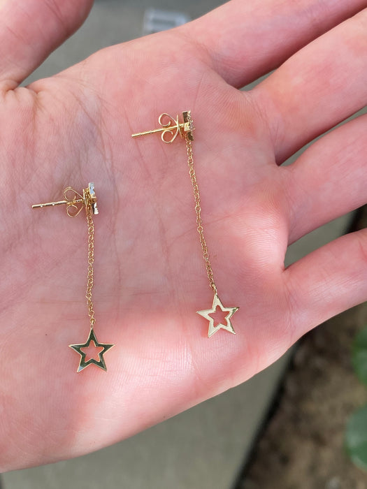 14k diamond star dangly drop earrings