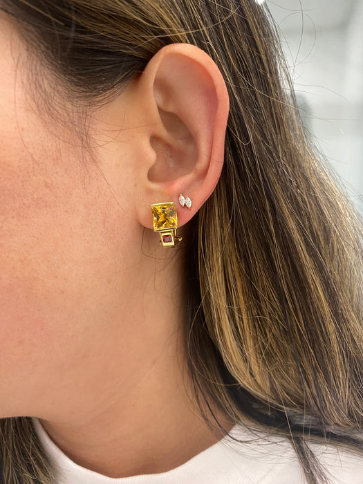 Vintage 14K Citrine & Garnet Omega Back Huggie Hoop Earrings
