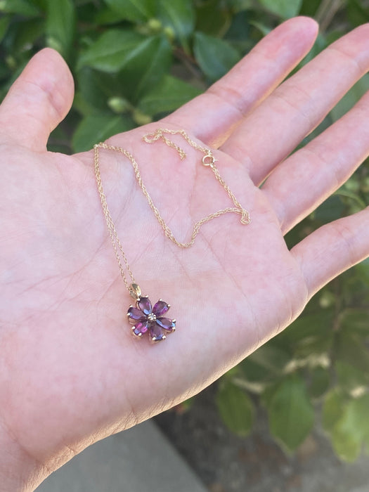 14k Rhodolite garnet diamond flower necklace