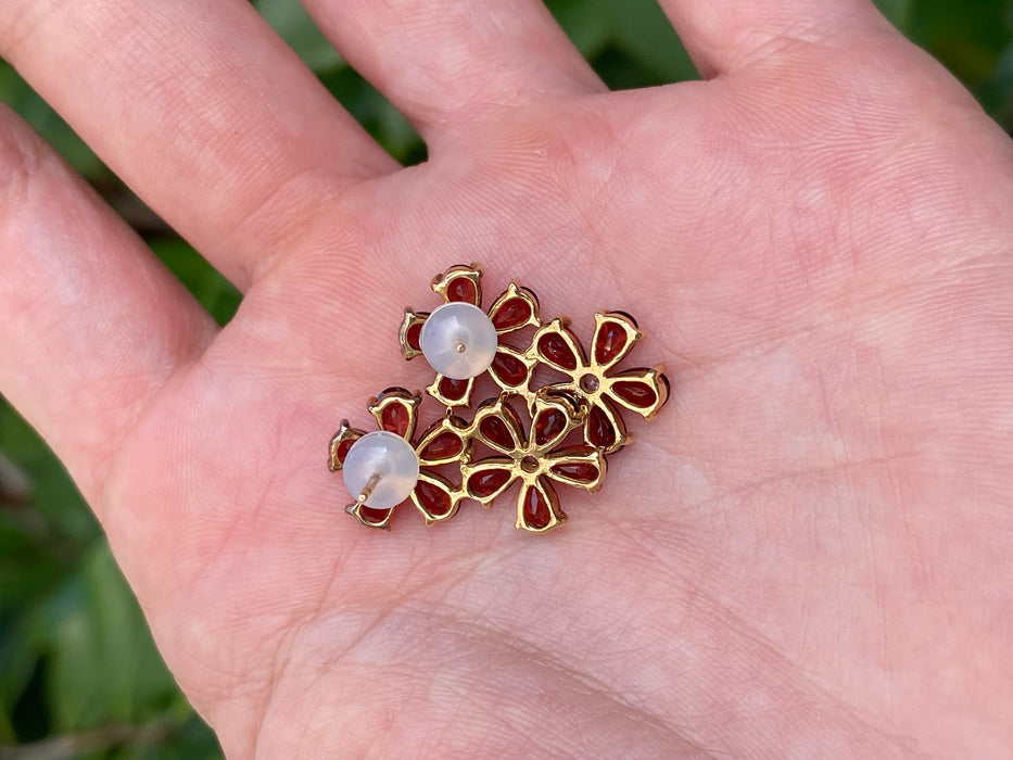 Vintage 18k Gold Flower Earrings with Garnet & Diamond