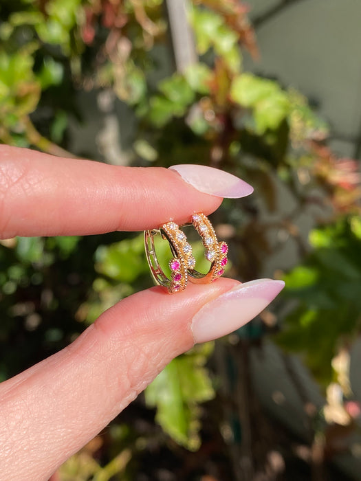 14K Gold Ruby & Diamond Huggie Earrings