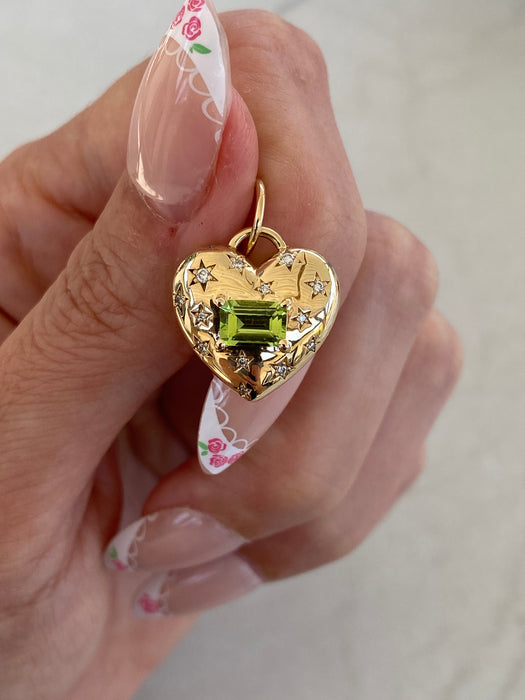 14K Gold Heart Charm with Diamond Star Accents & East–West Peridot Charm