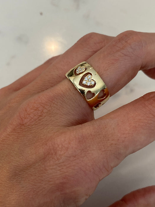 14K Gold Cigar Band Heart Cut Out Diamond Ring