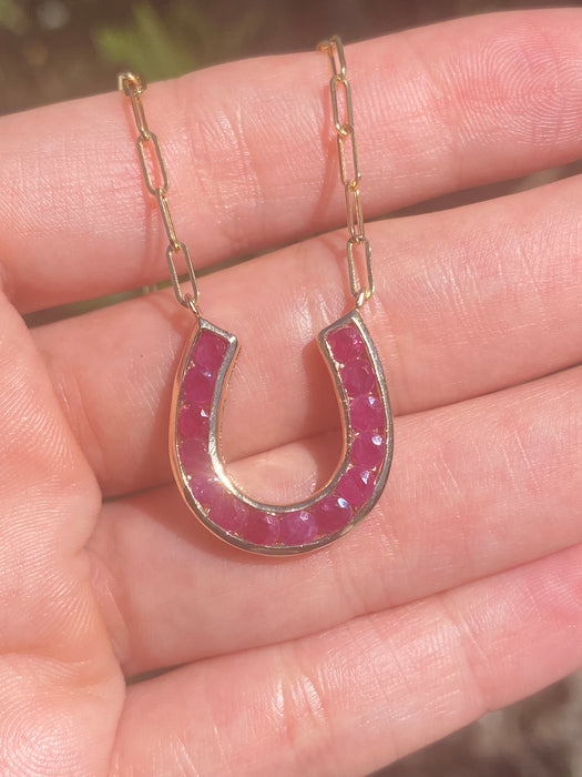 14k Gold Paperclip Necklace with Natural Ruby Horseshoe Charm – 2.08 TCW