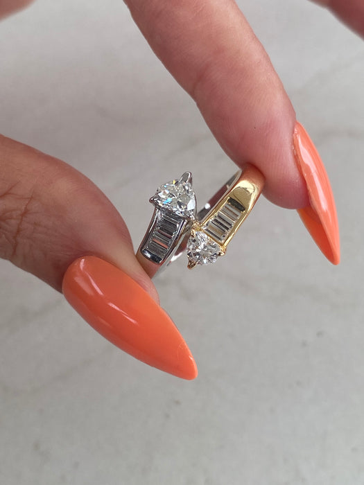 Vintage 18K Gold & Platinum Natural Heart Diamond Bypass Ring