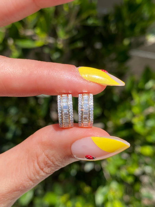 14K Gold Triple-Row Diamond Huggie Earrings – Baguette & Round Design