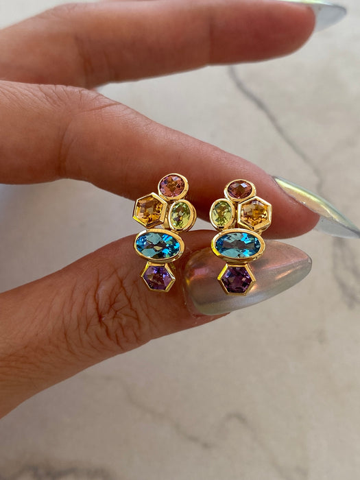 18K Yellow Gold Natural Rainbow Gemstone Bezel-Set J Hoop Earrings