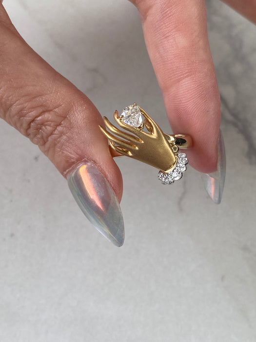 Vintage 18K Brushed Gold Hand Ring with Pear-Cut Natural Diamond