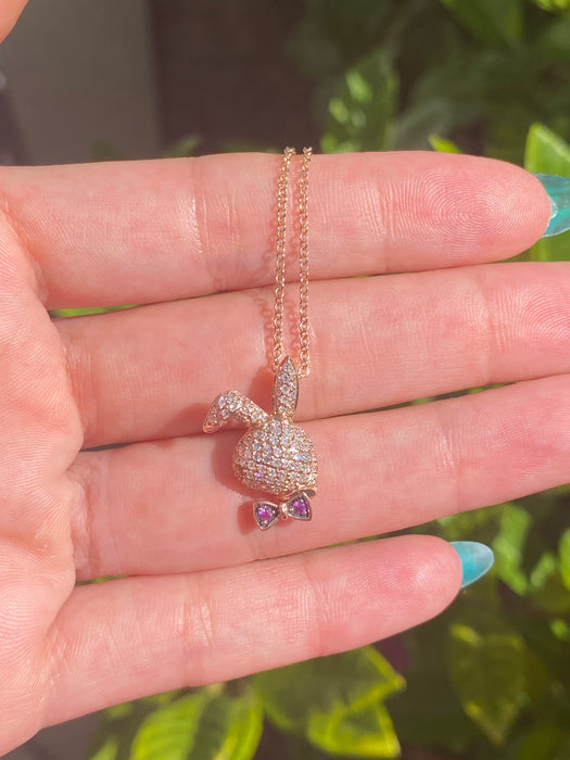 18k rose gold diamond ruby rabbit necklace