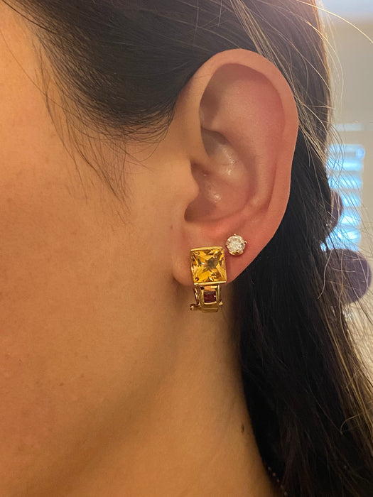 Vintage 14K Citrine & Garnet Omega Back Huggie Hoop Earrings