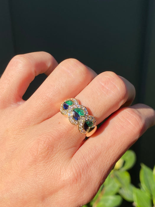 18k emerald sapphire diamond heart ring size 7