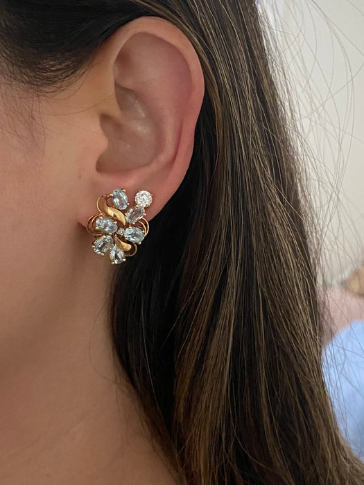 Vintage 14K Gold Blue Topaz & Diamond Cluster Earrings – Omega Back