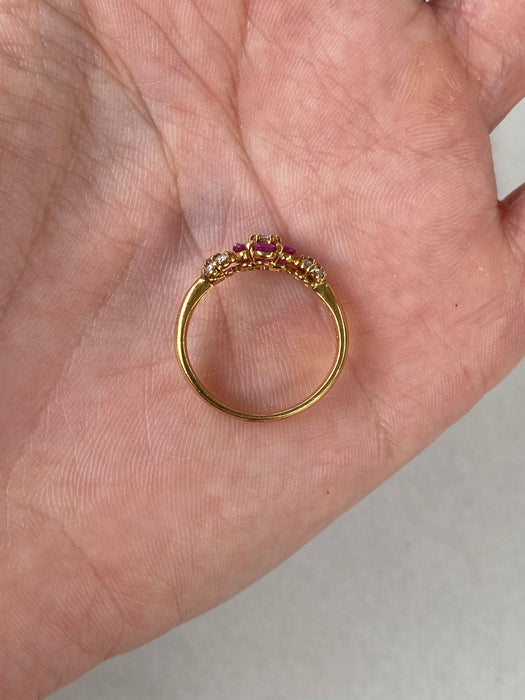 Vintage 18K Ruby & Diamond Triple Flower Ring