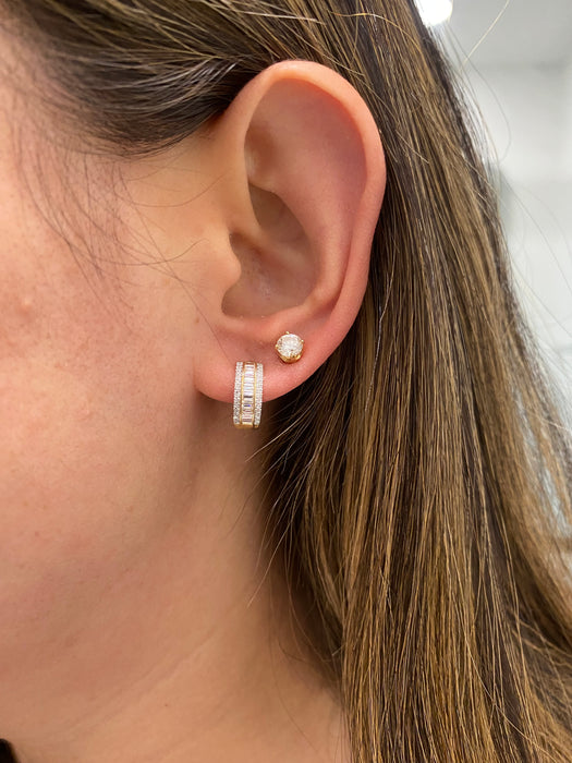 14K Gold Triple-Row Diamond Huggie Earrings – Baguette & Round Design
