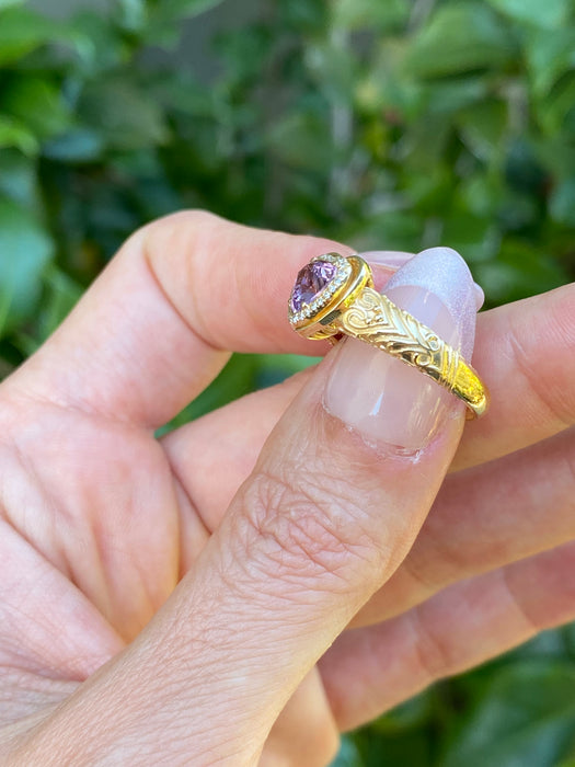 18K Gold Pink Sapphire Heart & Diamond Ring – 1.03 CT Unheated Sapphire – Size 6.5