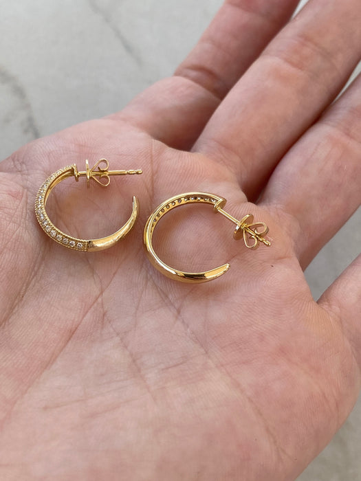14K Gold Knife Edge Diamond J Hoop Earrings