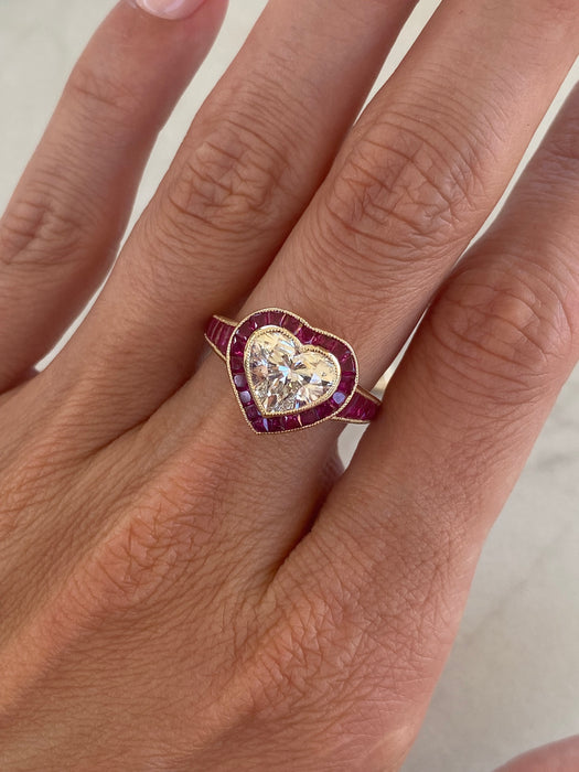 14K Lab Diamond Heart Ring with Natural Ruby Halo