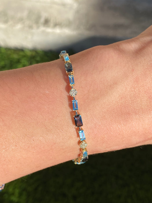 14K Gold Swiss & London Blue Topaz Diamond Tennis Bracelet