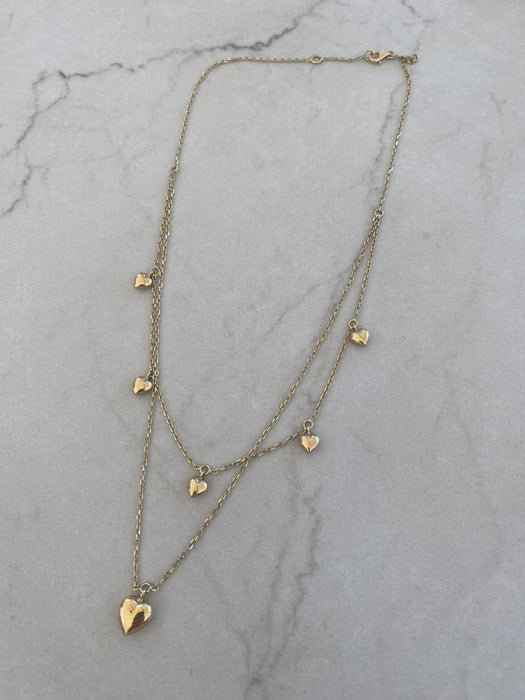 14K Gold Double Layer Heart Necklace with Dangling Heart Detail