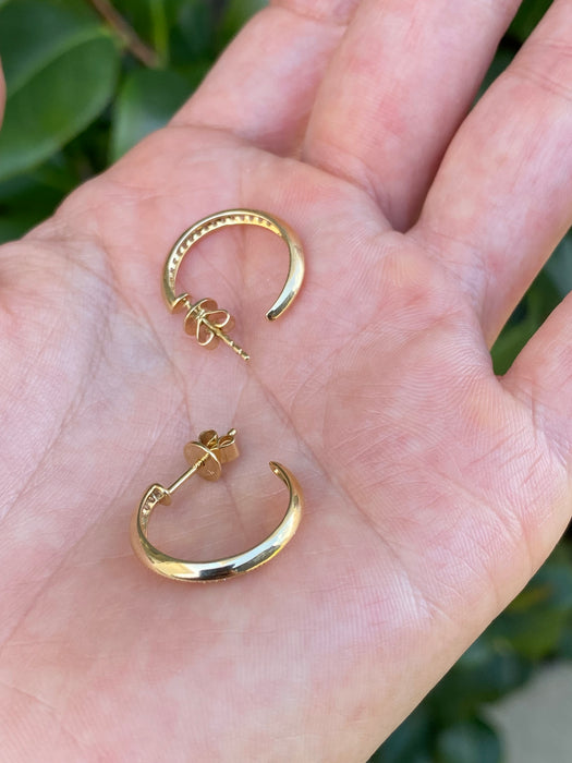 14K Gold Knife Edge Diamond J Hoop Earrings – 0.18 TCW Natural Diamonds, 17mm