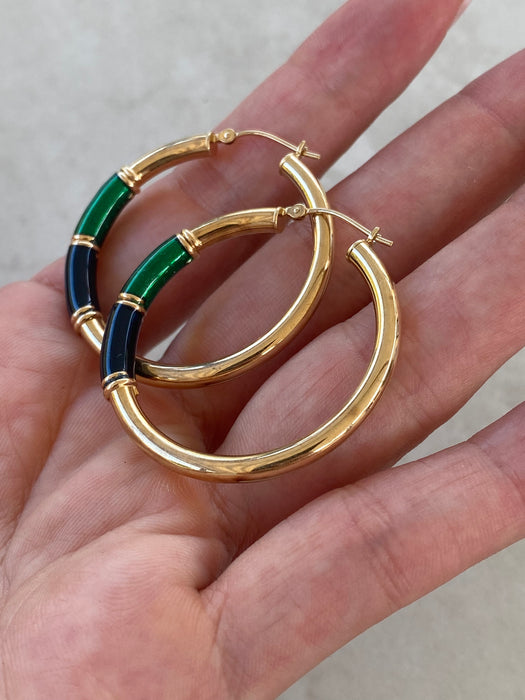 Vintage 14K Blue & Green Enamel Hoop Earrings
