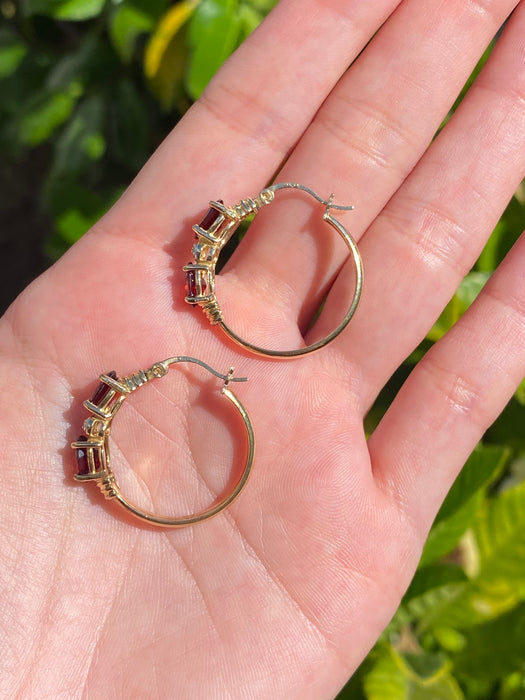 14k garnet and diamond hoop earrings