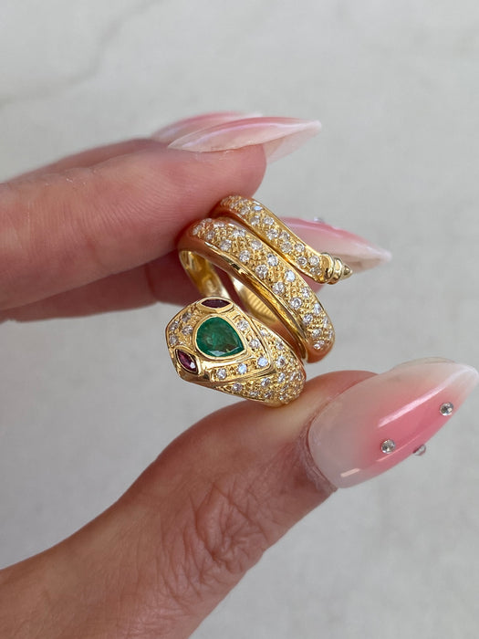 18K Gold Ruby, Emerald & Diamond Snake Ring