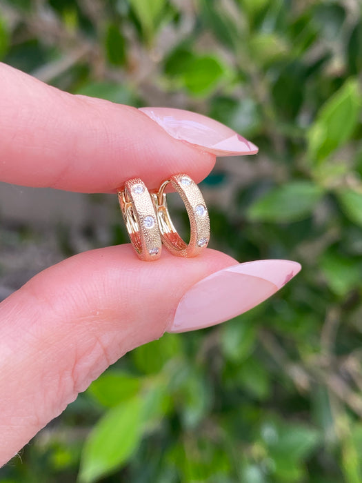 14K Gold Brushed Diamond Huggie Earrings