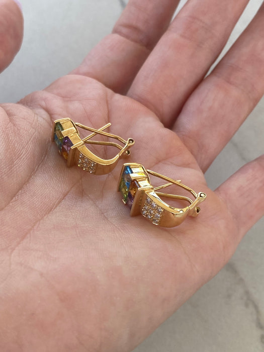 Vintage 14K Rainbow Gemstone & Diamond Omega Back Earrings