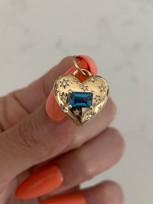 14K Gold Heart Charm with Diamond Star Accents & East–West Blue Topaz