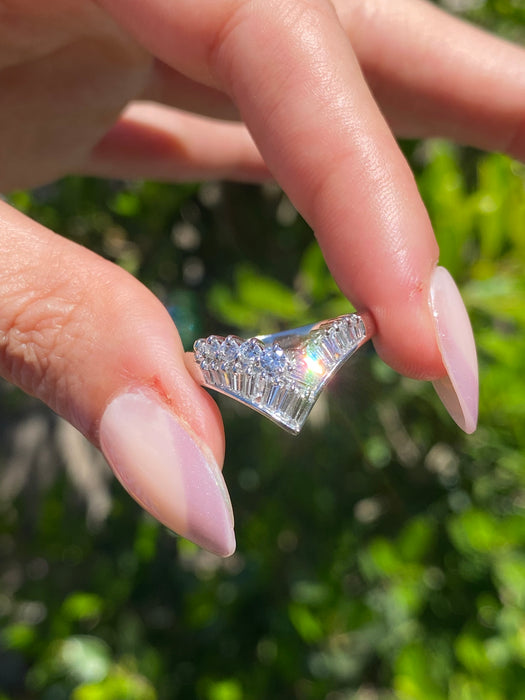 Vintage Platinum 900 Baguette & Diamond Chevron Ring