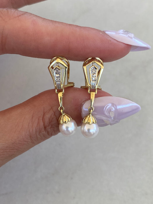 Vintage 14K Pearl & Diamond Omega Back Earrings