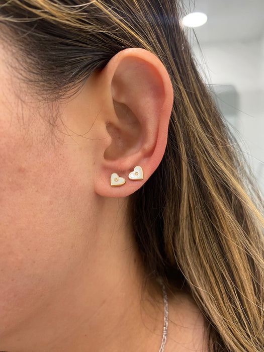 14K Gold White Enamel Diamond Heart Stud Earrings