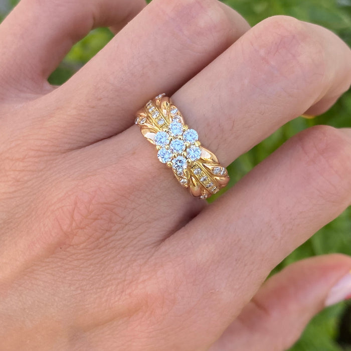 Vintage 18K Rose & Yellow Gold Diamond Flower Ring – 0.81 TCW – Size 6.75