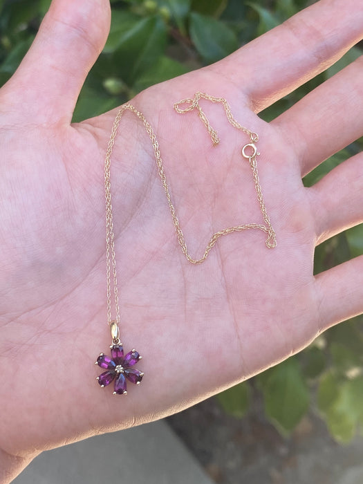 14k Rhodolite garnet diamond flower necklace