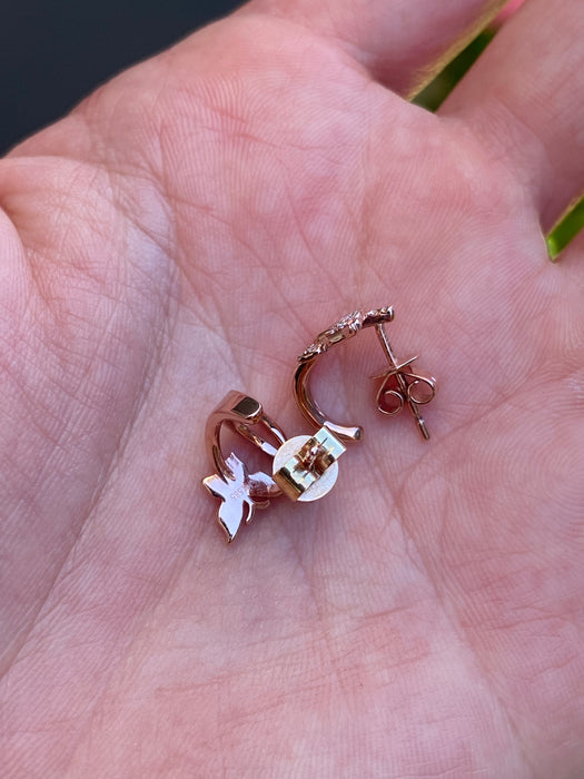 14k Rose Gold Diamond Butterfly J Huggie Earrings | Petite Diamond Huggies