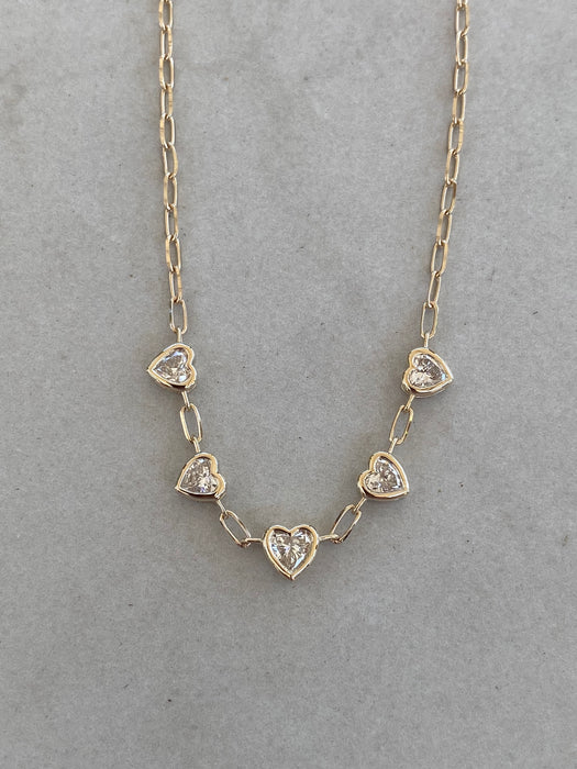 14K Gold Paperclip Necklace with 1.5 TCW Lab Diamond Heart Stations