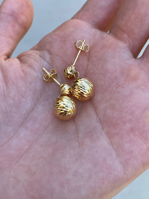 14K Gold Diamond Cut Bead Dangle Earrings – Textured Disco Ball Drop Earrings