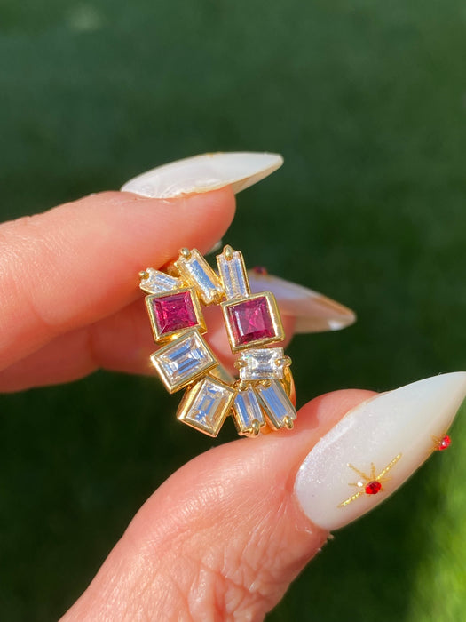 18k Gold Ruby Diamond Firework Ring Size 5.25