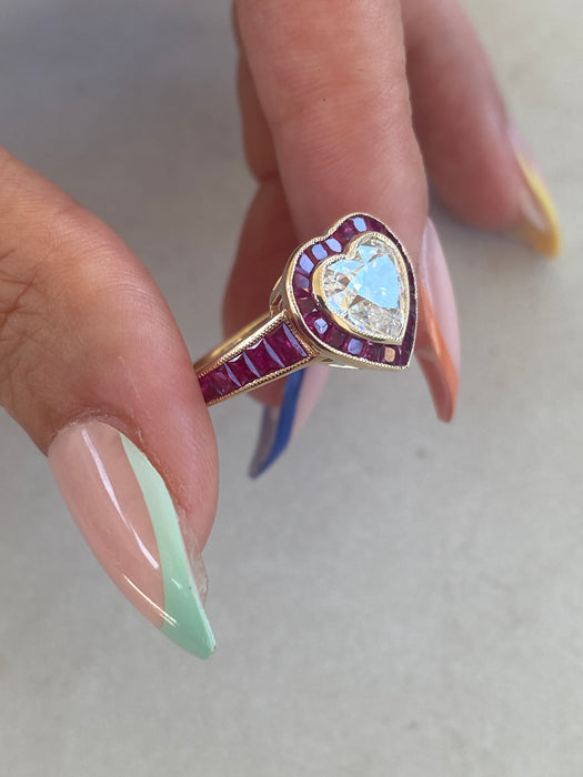14K Lab Diamond Heart Ring with Natural Ruby Halo
