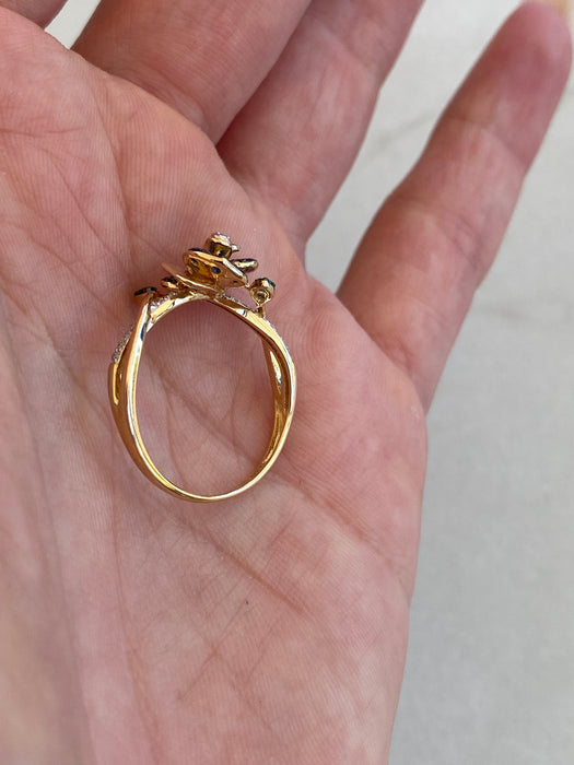 14K Gold Sapphire, Emerald & Diamond Flower Ring