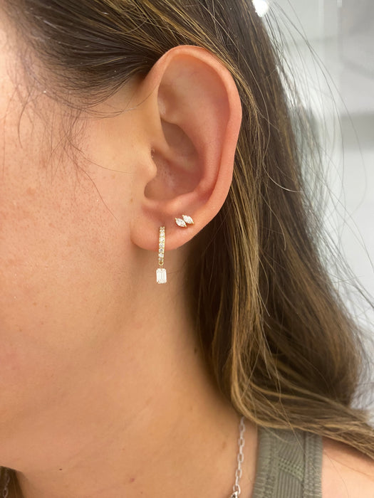 14K Gold Lab Diamond Huggie Earrings with Floating Emerald Cut Drop