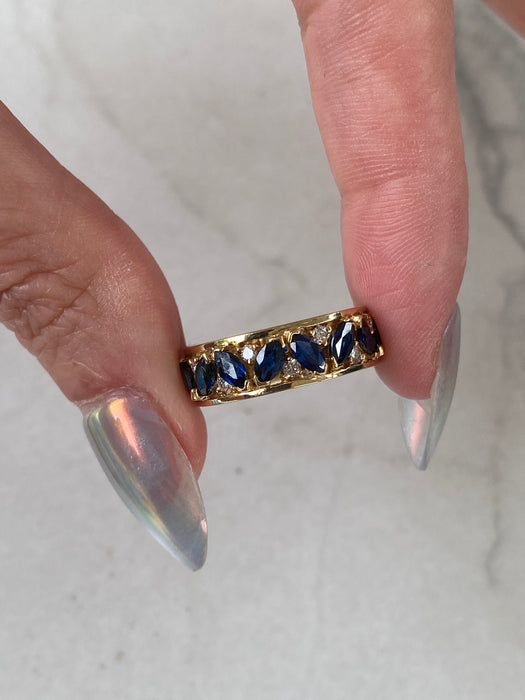 Vintage 18K Yellow Gold Marquise Blue Sapphire & Diamond Eternity Ring – 4.32 TCW