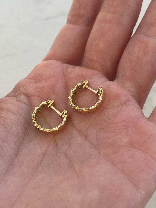 14K Gold Hexagon Tsavorite Garnet Huggie Earrings