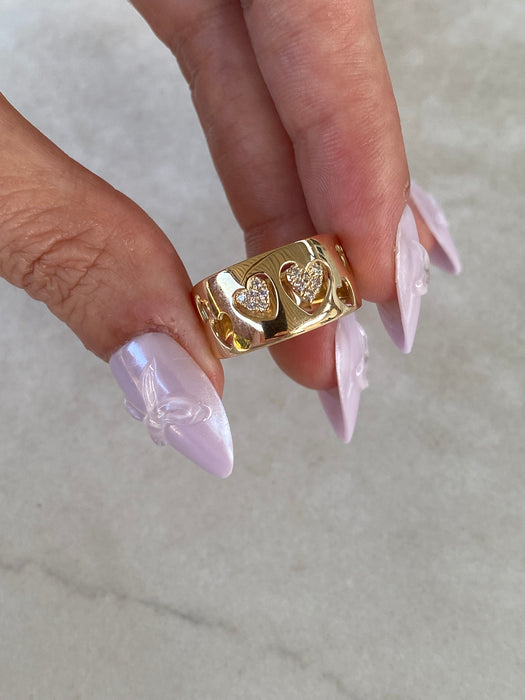 14K Gold Cigar Band Heart Cut Out Diamond Ring