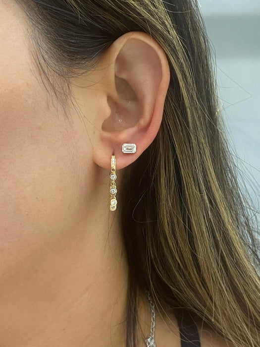 14K Gold Invisible Set Emerald Cut Lab Diamond Flat Back Stud Earring- Single