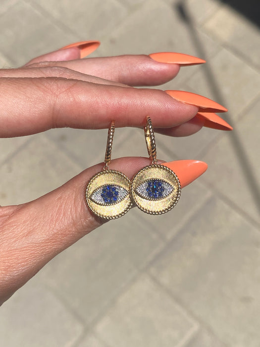 14K Gold Evil Eye Sapphire & Diamond Huggie Earrings