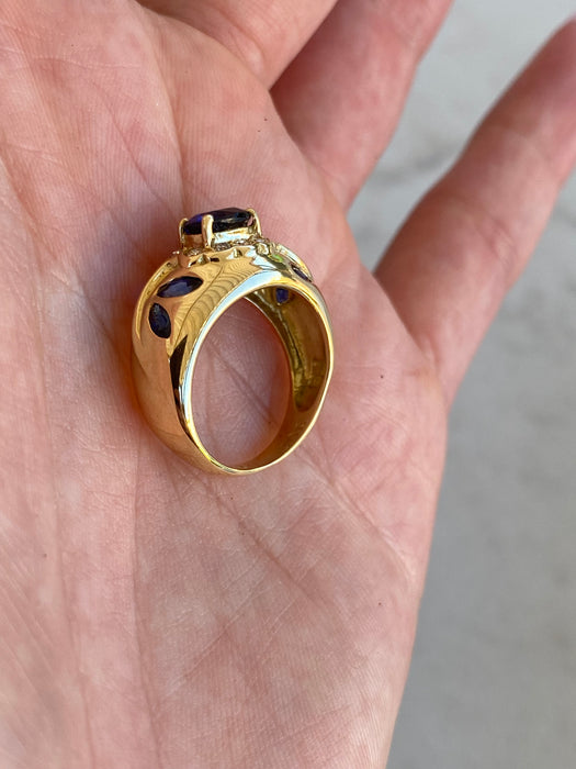 Vintage 18K Gold Blue Sapphire & Diamond Floral Ring